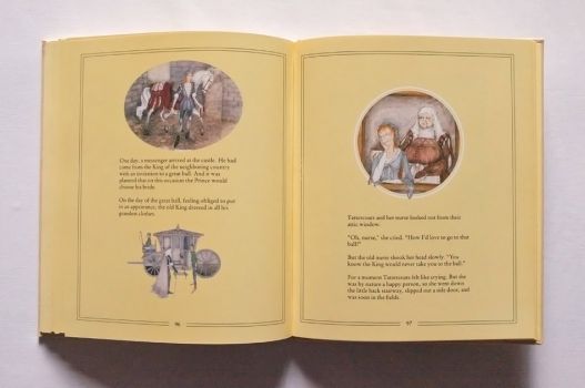 Three illustrations of a foreign messenger arriving, the King departing for the ball and Tattercoats watching from her attic window.