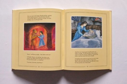 In a pair of illustrations Beauty and the Beast say their farewells and Beauty nurses her sick father in bed.