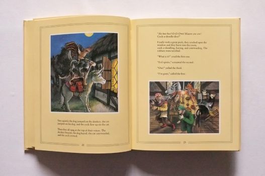 In a pair of illustrations, the Musicians of Bremen alarm the robbers and drive them from their lair.