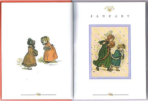 On the opening page of January in The Kate Greenaway Birthday Book, two girls wear hand muffs and a mother and son walk into a winter wind.