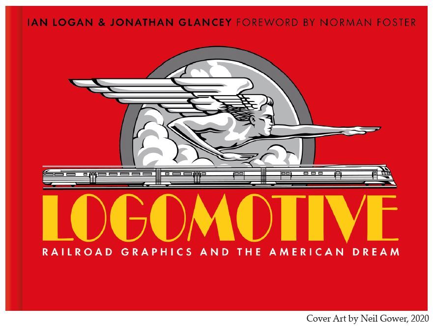 On the red front cover of Logomotive is a black-and-white railroad graphic of Zephyrus, winged god of the west wind, pointing to a streamlined future above a speeding, three-car diesel train. The title follows in bold, yellow, Art Deco lettering.   