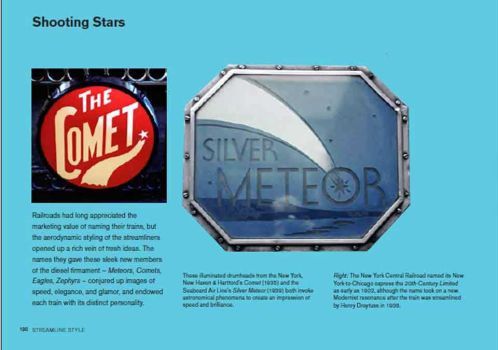 The left-hand page from Logomotive Chapter 5 are two illuminated drumheads from trains called The Comet and the Silver Meteor.