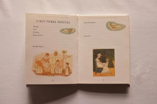 On pages 12 and 13 of The Kate Greenaway First Year Baby Book, illustrated with girls sleeping on clouds and mothers with their children, are spaces to record the baby’s weight, feeding and sleep pattern, general progress and character as well as the health visitor’s name.