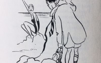 Drawing of a couple flirting on a beach.