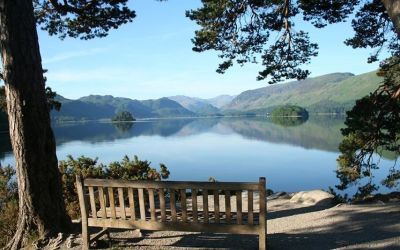 Photograph of Derwentwater with a bench on the shore.