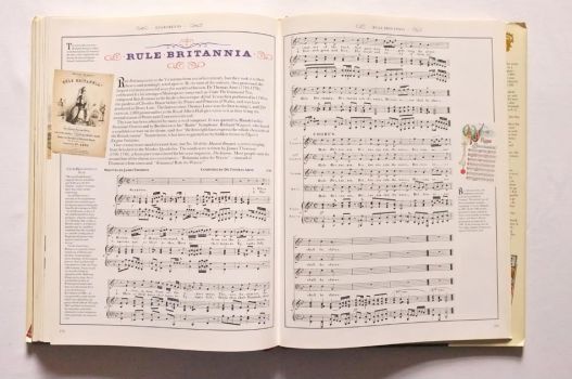 The music for Rule Britannia is illustrated with a song sheet cover and a picture postcard.