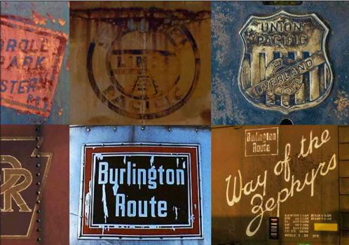 Rusting logos photographed on the sides of wagons and locomotives in the 1970s recall the great days of the Missouri Pacific, Western Pacific, Carroll Park Western, Southern Pacific, Union Pacific, Baltimore & Ohio, Pennsylvania Railroad, Burlington Route and Way of the Zephyrs.