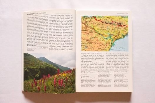 Pages from Wild Spain with a field of orchids and is a map of the Spanish Pyrenees.