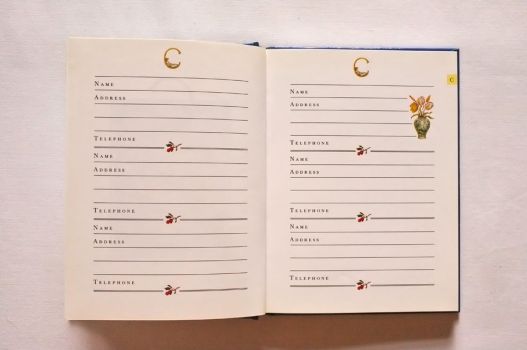 These pages, illustrated in colour with a girl sleeping on the letter C and a vase of flowers, have spaces to write down six names, addresses and telephone numbers.