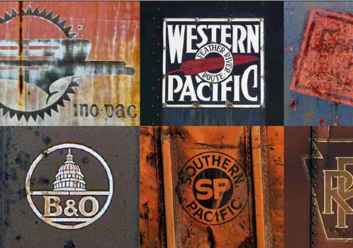 Rusting logos photographed on the sides of wagons and locomotives in the 1970s recall the great days of the Missouri Pacific, Western Pacific, Carroll Park Western, Southern Pacific, Union Pacific, Baltimore & Ohio, Pennsylvania Railroad, Burlington Route and Way of the Zephyrs.
