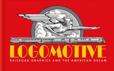 Presented on a red background is a black and white railroad graphic of Zephyrus, winged god of the west wind, pointing to the future above a speeding, three-car diesel train. The title Logomotive follows in bold, yellow, Art Deco lettering.