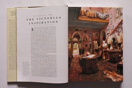 Chapter 1 of The Victorian House Book opens with a full-page colour reproduction of an oil painting of The Hall and Staircase of a Country House by Jonathan Pratt, 1882. The richly patterned carpet, tablecloth and upholstered chairs provide a lavish finish to a High Victorian interior. 