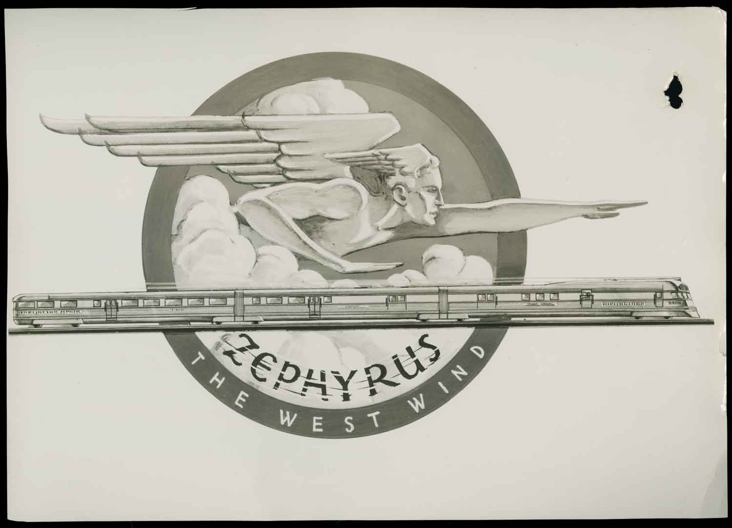 Black and white sketch from 1934 of Zephyrus, god of the west wind, pointing to a streamline future above a speeding diesel express. 