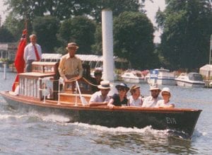 Colour photograph of the steam launch Eva on the river at Henley, 1988. 