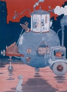 Colour illustration by Heath Robinson of his patented personal protection equipment, made of steel with 365-degree sealed-surround visor. 