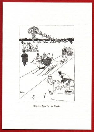 Scan of a comical christmas card from Heath Robinson