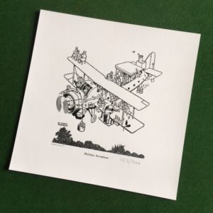 In this black and white drawing signed W. Heath Robinson and entitled Holiday Aeroplane, a single-engine biplane is crammed with amusements including a wing-top bar, brass band, party awning, observation platform and charcoal grill.