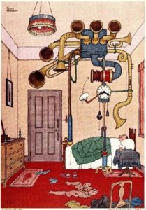 In this colour illustration, a man sleeps in a green quilted bed beneath a large alarm clock contraption with bellows and seven horn instruments attached to it.