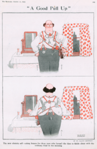 In this colour illustration, a bespectacled balding man stands with hands on his hips in front of a dressing table and a window fringed by red and white patterned curtains. He wears a white shirt and grey trousers. Attached to the braces of his trousers is a red pulley contraption, controlled by a button mechanism at his side. These pulleys work in unison to adjust the height of the trousers.