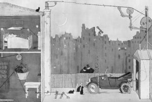 In this black and white illustration, a man and wife are sleeping in bed beneath a pair of trousers suspended in mid-air. The trousers are kept taught by attachments on either end tied to a coal skuttle below and the tow-bar of a running car outside. Two policemen regard the car quizzically, along with a cluster of cats. Behind them is a night-time city scape with a crescent moon hanging above the roof tops.