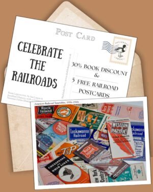 In this promotional graphic, vintage postcards display a collage of brightly coloured American railroad timetables dating from the 1930s to the 1960s and announce a book-and-cards sale to celebrate America 250.