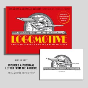 Presented on a grey background are the red and yellow cover of the triple-signed collector’s edition of Logomotive, a limited-edition print of the cover art and the promise of a personal letter from the authors.