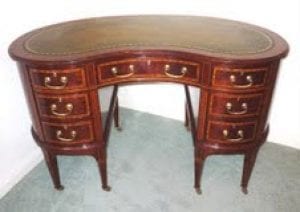 Inlaid mahogany kidney-shaped desk by Wilsons Antiques
