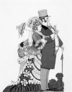 This black and white illustration depicts a portly, well-dressed gentleman. His respectable fiancée clutches his arm with one hand, while the other shoulders a small decorative parasol. Her dress is ostentatious and extremely detailed with layers, bows, frills and tassels.