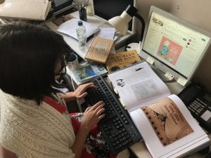 Photograph of a Sheldrake Press editor at work, offering a glimpse of the editorial process opened up by the membership scheme.