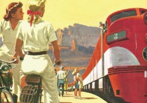 In this colorful advertisement for Southern Pacific’s ‘Golden State’ streamliner, two glamorous women on bikes look on as friends and families meet passengers arriving in California from as far away as Chicago.
