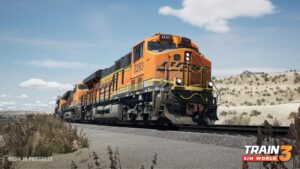 In this colour screenshot, a series of BNSF ES44C4s haul their train through the mountainous desert scrubland of Cajon Pass.