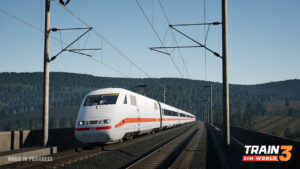 In this colour screenshot, the white ICE 1 passenger train crosses a viaduct with tree-lined hills in the background. 