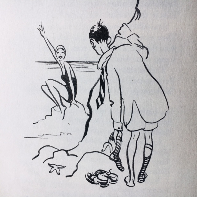 Drawing of a couple flirting on a beach.