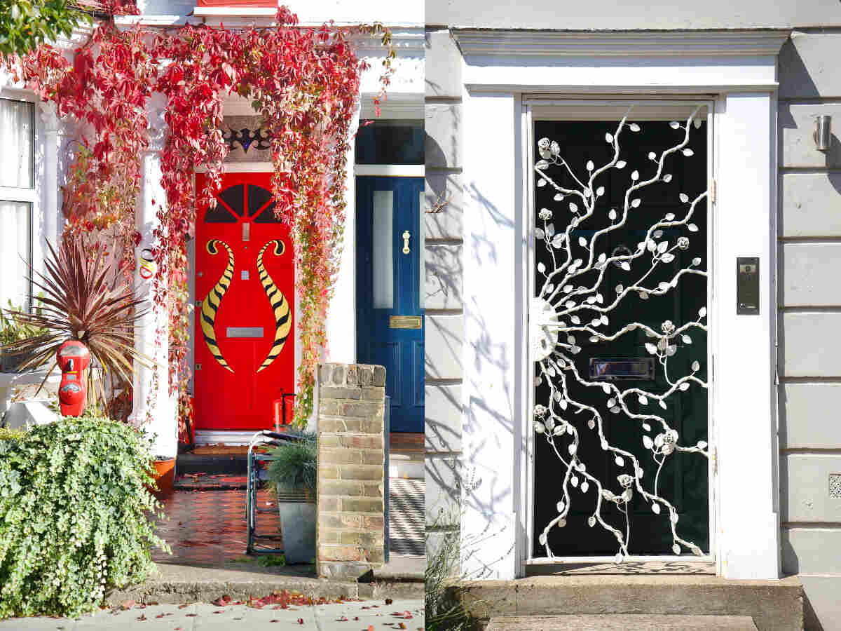 These photographs of two doors side by side were taken by Cath Harries. The door on the left is red with a gold pattern and red leaves hanging over it. The door on the right is black with white wrought-iron tendrils snaking across it and is bordered by a white frame.