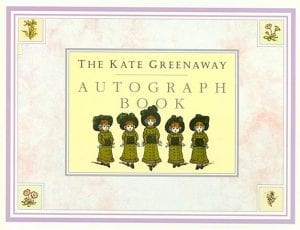 On the front cover of The Kate Greenaway Autograph Book are five sisters walking, framed by a pink marbled border and corner vignettes of flowers.