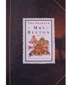 Image of front cover of The Shorter Mrs. Beeton, covered in a dark blue marbled jacket with quarter binding and a central white panel illustrated with pies and puddings.