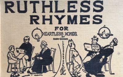 Front cover of Ruthless Rhymes for Heartless Homes by Harry Graham ;with black-and-white drawings of a family reading and being shocked by the book.