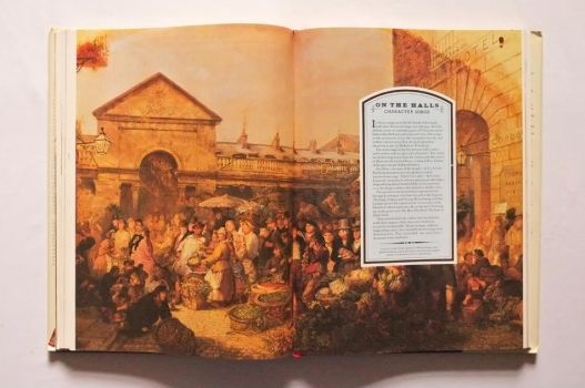 Over a painting of a Covent Garden market scene, a text box explains character songs.