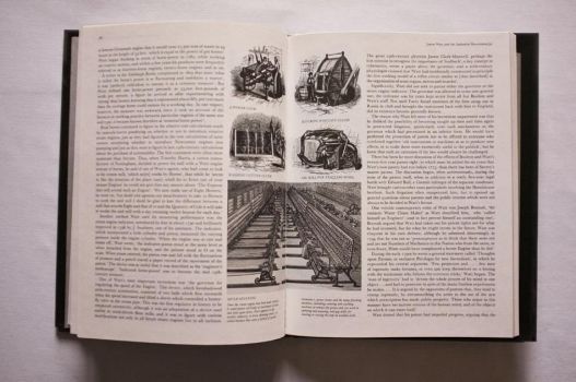 In a double-page spread from the chapter on James Watt and the Industrial Revolution, a set of black-and-white engravings illustrate how rotative steam power could be applied to weaving, scouring, washing, teazling and spinning textiles.