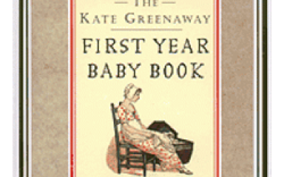 Front cover of The Kate Greenaway First Year Baby Book, with a mother sitting beside her new-born baby sleeping in a crib.