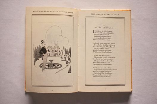 Pages 36-37 of When Grandmama Fell Off the Boat, illustrated by Colonel Boreham beside his stately home. 