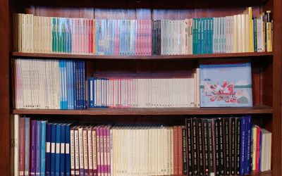 Photograph of Sheldrake Press books on shelves.