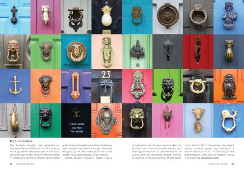 Close-ups of 32 knockers on red, blue, green, pink and black doors create a colourful montage of classic designs ranging from simple rings to lion’s heads.   