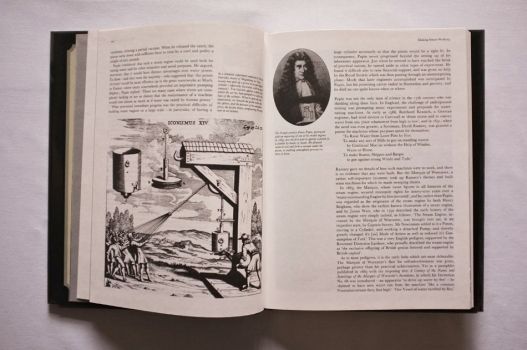 In Chapter 1 on Making Steam Work, a black-and-white portrait of the French scientist Denis Papin appears alongside an engraving of one of his model engines built in 1689.